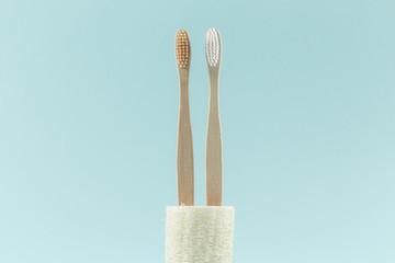 Close up of two environmentally friendly toothbrushes are in an environmental loofah. Zero waste. On a blue background.