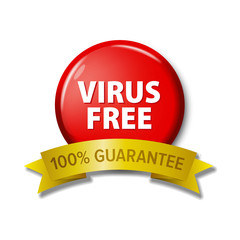 Round red button and golden ribbon with words 'Virus Free - 100% Guarantee'. Bright label for web developers. Covid free zone sign