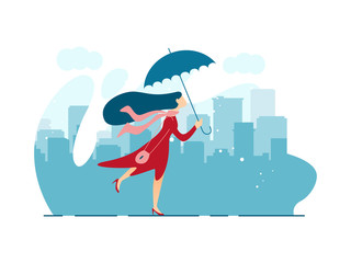 Advertising Flyer Walk Under Rain Cartoon Flat. Communication is Relaxing or Distracting. Girl Walks Under an Umbrella in City Alone. Bad Weather Corresponds to Mood. Vector Illustration.