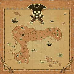 Vector pirate treasure map with icons (fish, shark, ship, rum, camp fire, barrel, skeleton, octopus, mermaids, canoe, crab) with sabres, a skull, pistols and a frame of a worn parchment background.