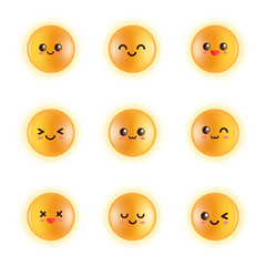 Set yellow face emoji, Sparkling yolk circle, Glowing globes, Shiny yolk, Chicken Eggs. All sorts of cute emoticons. Each emoji represent our feelings in a different way. Smile, haapy, laugh and shame
