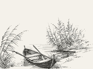 Empty boat on shore on the lake, relaxation in nature sketch - 333724573