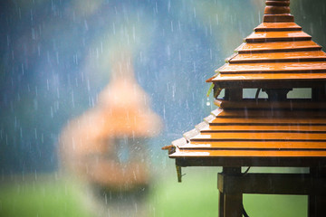 Roof of the asian deity house in the rain
