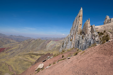 The sharp rocks of the Stone Forest on Palccoyo Mountain near the Rainbow Mountains, Peru