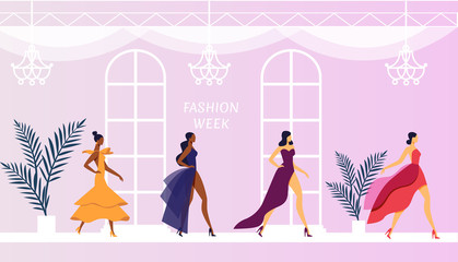 Models in Designer Dresses Vector Illustration. Beautiful Women in Elegant Clothes Cartoon Characters. Young Ladies Walk Podium in Fashionable Evening Gowns Side View. Apparel, Garments Show