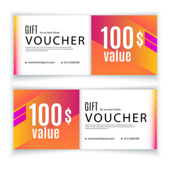 Voucher template orange red design elements. Value 100 dollars for department stores, business. Clean design.