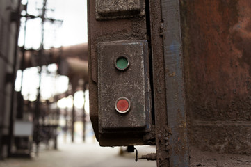 Device for controlling of industrial machine with red and green button tu turn on or switch off....