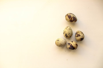 Quail eggs isolated on white background. View from above