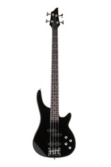 Black electric bass guitar isolated on white with clipping path