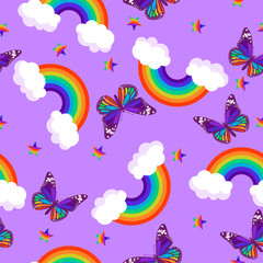 Fototapeta na wymiar Seamless pattern of rainbows, butterflies and stars. Vector graphics.