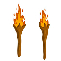 Torch on stick. Primitive weapon. Burning club. Cartoon flat illustration. old item for lighting. Fire and branch