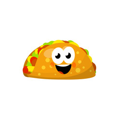 Tacos. Cute mascot with face, smile and eye. National Mexican fast food in tortilla. Traditional Spicy meal with meat and vegetables. Cartoon flat illustration