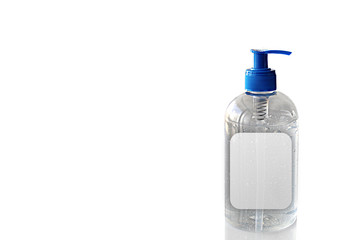 Hygiene product for combating Coronavirus. Hand sanitizer gel for hand hygiene corona virus protection. Covid-19 virus protection. Alcohol gel on a white isolated background