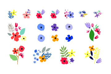 Collection of vector flowers on white background. Vector bouquets. Simple design.