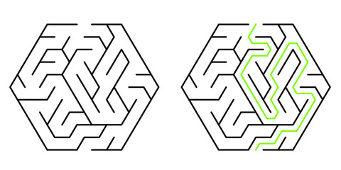 A hexagonal maze with triangular cell, 5 cells wide with solution
