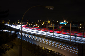 Car Lights on Road, Long Exposure of American Road. Light trails