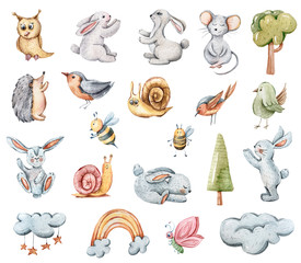 Hand painted watercolor cute animals set. Rabbits, bee, hedgehog, snails, birds, tree,  isolated on white. Lovely baby rabbit illustration for pattern, baby shower, invitation
