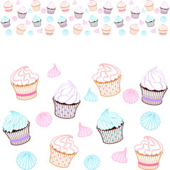 Seamless horizontal border of colorful muffins, cupcakes, meringue. Vector design template for sweet shop, pastry shop, confectionery, printing on packaging, wrapper, paper, menu, fabric, textile
