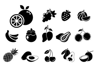 solid icons for fruits,mangosteen,mango,papaya,watermelon,orange,strawberry,rambutan,avocado,cherry,pineapple,rose apple,banana,grape,coconut,vector illustrations