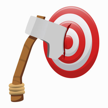 Vector drawing of a stylized throwing axe in the middle of a red and white circular target.