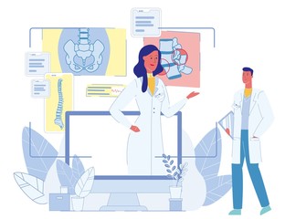 Online Medicine, Doctor Consultation and Support. Cartoon Man and Woman Medical Specialist Discussing Health Problem, Spinal Disease. Internet Healthcare Service Vector Flat Illustration