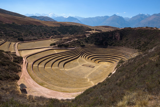 Circular green Inca terraces of Moray in the Sacred Valley near Cusco, Peru
