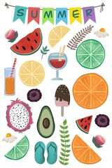 Set of summer. Orange, lime, lemon, watermelon, avocado, ice cream, cocktail 