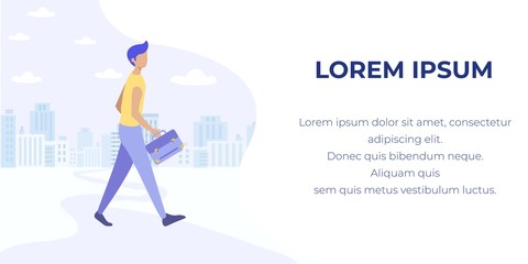 Cartoon Office Worker Walking on Flat City Street. Man with Briefcase Going to Work in Morning. Busy Person Character. Motivation Banner with Text. Vector Backdrop with High Buildings Illustration