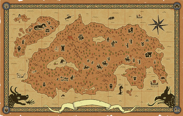Large fantasy map with towers, dungeons, a castle, a dragon, orcs, goblins, elves, a catapult, knights, dwarves, sea creatures, ships, an ornate frame, skeletons, mountains, trees, a volcano, etc. © Fantasy Maps
