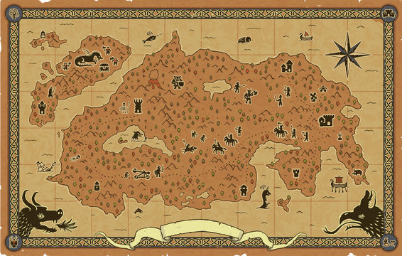 Large fantasy map with towers, dungeons, a castle, a dragon, orcs, goblins, elves, a catapult, knights, dwarves, sea creatures, ships, an ornate frame, skeletons, mountains, trees, a volcano, etc.