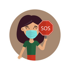 Woman in medical face mask. Novel coronavirus (2019-nov). Coronavirus in China. Vector illustration. Concept of coronavirus quarantine. Woman in medical mask with an SOS sign.