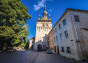 Fototapeta premium Famous Clock Tower in historic part of Sighisoara city located in Mures County, Romania
