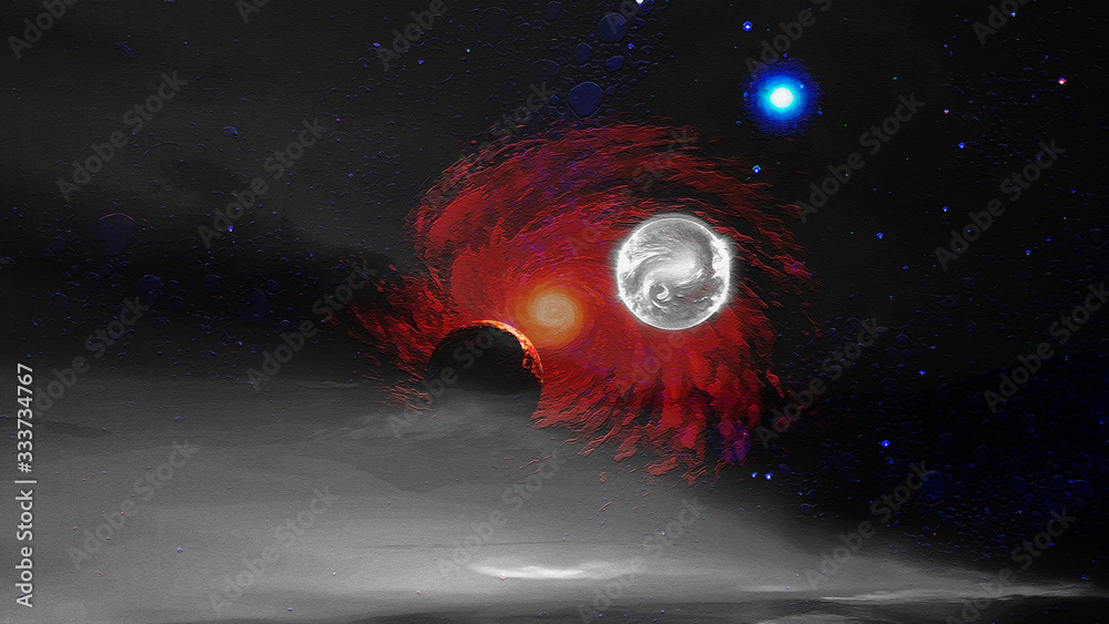 Sticker surrealistic planet landscape with fog and a red galaxy in the background