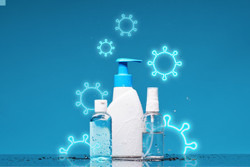 Bottles with antiseptic liquid soap, spray and gel protect against viruses and bacteria.