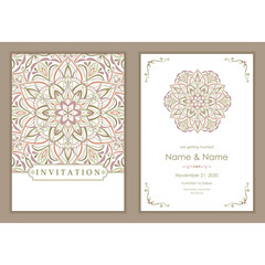 Wedding invitation cards Eastern style. Arabic  Pattern. Mandala ornament. Frame with flowers elements. Vector illustration. © natalitovchenko