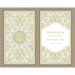 Wedding Invitation and save the date card Eastern style. Arabic  Pattern. Mandala ornament. Frame with flowers elements. Vector illustration.