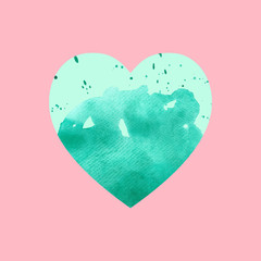 Watercolor emerald with mint heart on pink background. Heart shape illustration can be used in greeting cards, posters, flyers, banners, logo, further design etc.