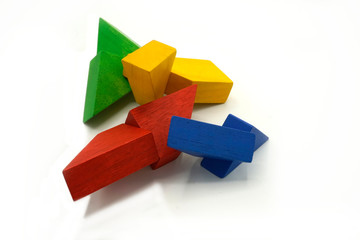 Twisted colorful building blocks made of wood. Educational toy and logical puzzle. Abstract mobile...