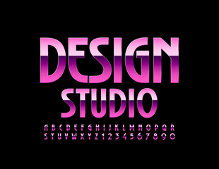 Vector shiny logo Design Studio. Pink Metal Font. Elegant Alphabet Letters and Numbers