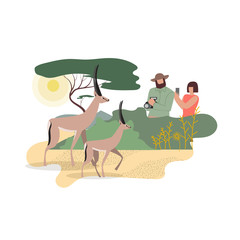 African Wildlife Photographers Flat Characters. Wild Safari Tour, Active Tourism. Tourists Exploring Nature and Taking Animals Photos. Africa Zoological Expedition. People in Zoo, Natural Reserve