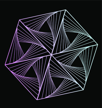 The hexagon and sketch tattoo with elements of minimalism geometric waves and strings. Vector image on dark background.