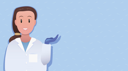 Young doctor cartoon character brunette girl shows a hand in a blue glove and explains on a blue wall background vector illustration.