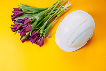 White helmet on orange background, bunch of purple tulips and white helmet flat lay.