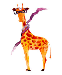 cute giraffe watercolor illustration. hand-painted animal from the zoo, long neck and large orange speckled fur and hooves with glasses and a scarf. Giraffe isolated on white background.