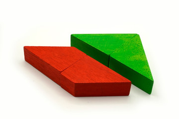 Twisted colorful building blocks made of wood. Educational toy and logical puzzle. Abstract mobile...