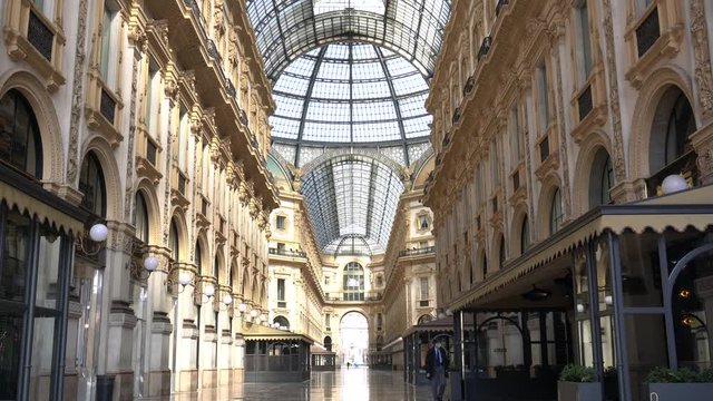 Europe, Italy, Milan March 2020 - completely deserted places of tourist interest, without people, for n-cov19 Coronavirus pandemic - Vittorio Emanuele Gallery in Duomo cathedral EMPTY