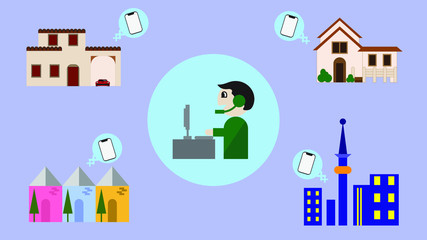 Call center officer is working to contact customer who lives in other places around the world. Flat vector on purple background.