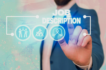 Text sign showing Job Description. Business photo text a formal account of an employee...