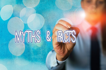 Word writing text Myths And Facts. Business photo showcasing usually traditional story of...