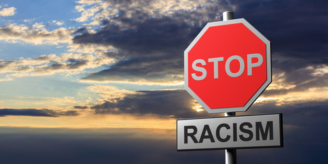 Stop racism sign and text on cloudy dark sky background. 3d illustration